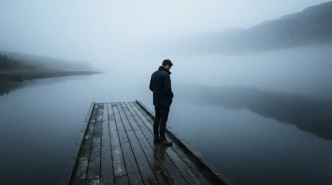 Mann i jakke ser tenksomt ut over en tåkete fjord fra en brygge tidlig om morgenen